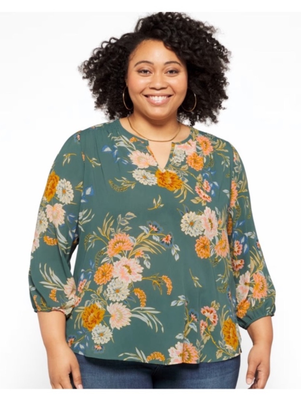 Fun 2 Fun 1X Green Floral Blouse | Boho Split Neck Smocked Shoulder Top